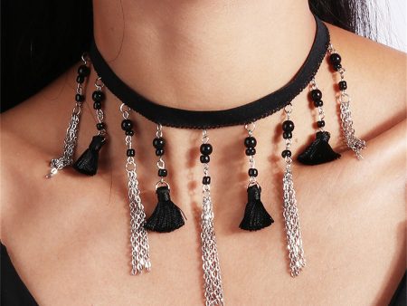 Black Howlite & Polster Silver-Plated Tassel Choker Necklace Online now