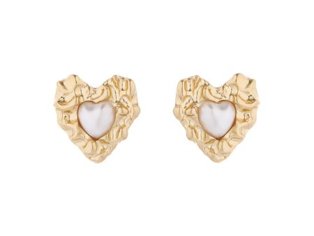 Pearl & 18K Gold-Plated Textured Heart Stud Earrings Cheap