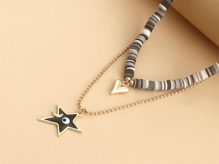 Black Enamel & Polymer Clay 18K Gold-Plated Heart & Star Pendant Necklace Set Supply