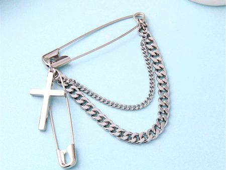 Silver-Plated Chain Link Cross Pin Brooch Online Sale