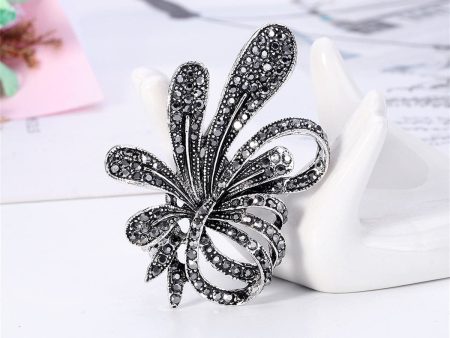 Black Cubic Zirconia & Silver-Plated Flower Brooch Supply