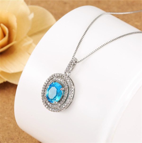 Blue Crystal & Cubic Zirconia Oval Double Halo Pendant Necklace on Sale