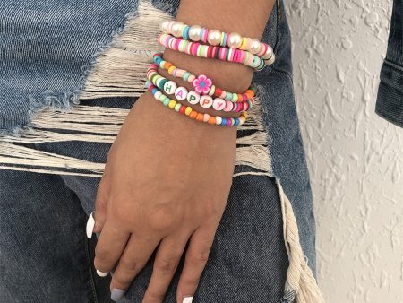 Pink Howlite  Happy  Beaded Stretch Bracelet Set Sale