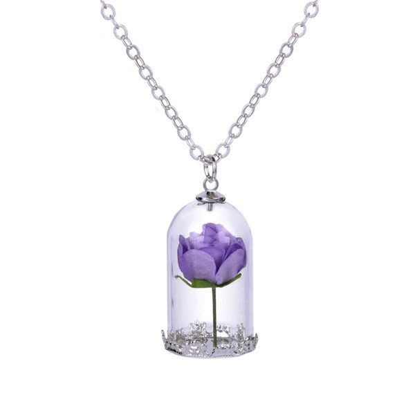 Silver-Plated & Purple Velvet Rose Pendant Necklace For Discount