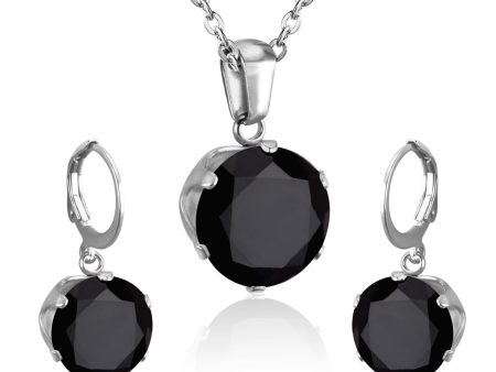 Black Cubic Zirconia & Silver-Plated Round Pendant Necklace & Huggie Earrings Online Sale