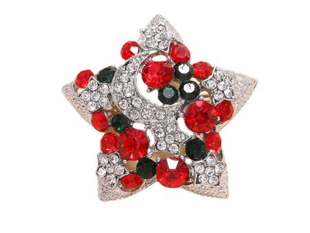 Red Cubic Zirconia & Silver-Plated Moon Star Brooch Online Sale