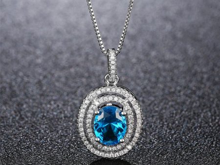 Blue Crystal & Cubic Zirconia Oval Double Halo Pendant Necklace on Sale