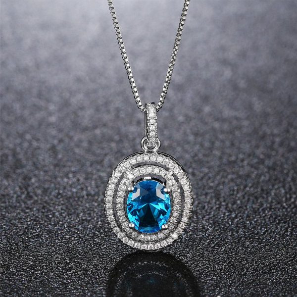 Blue Crystal & Cubic Zirconia Oval Double Halo Pendant Necklace on Sale