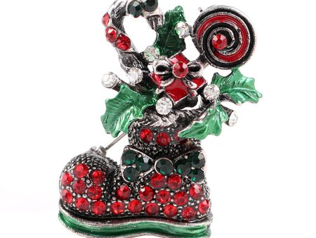 Red Cubic Zirconia & Silver-Plated Christmas Boot Brooch Online now