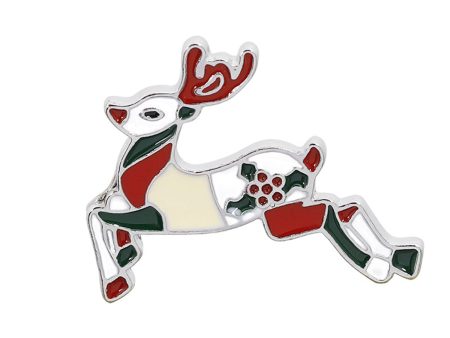 Red Enamel & Silver-Plated Reindeer Brooch Supply