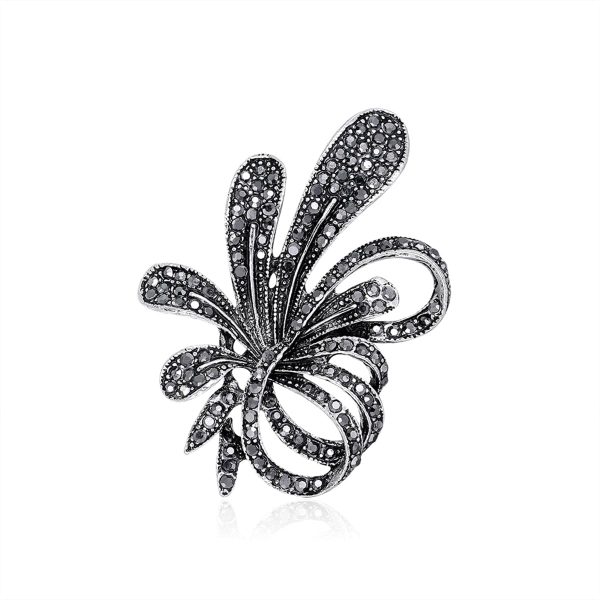 Black Cubic Zirconia & Silver-Plated Flower Brooch Supply