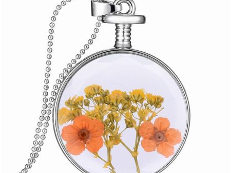 Yellow & Peach Pressed Flower Round Pendant Necklace Cheap