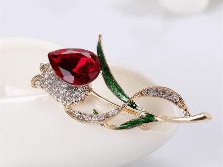 Red Crystal & Cubic Zirconia Tulip Brooch For Sale