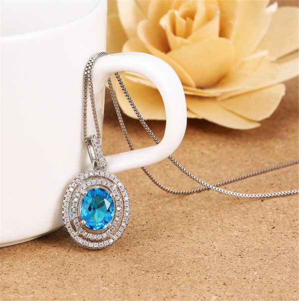 Blue Crystal & Cubic Zirconia Oval Double Halo Pendant Necklace on Sale