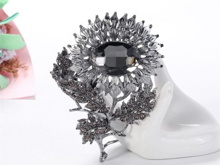 Black Crystal & Cubic Zirconia Sunflower Brooch Online now