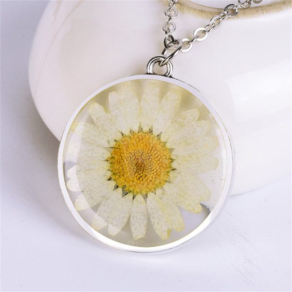 White & Yellow Pressed Mum Round Pendant Necklace Hot on Sale