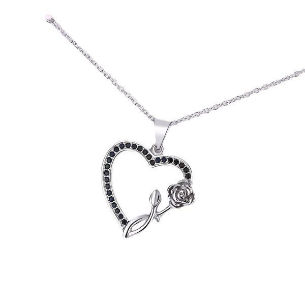 Black Cubic Zirconia & Silver-Plated Rose Heart Pendant Necklace Online Sale