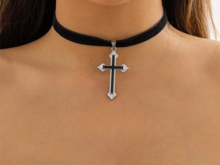 Black Enamel & Silver-Plated Cross Pendant Choker Necklace Online