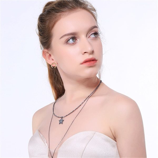 Black Cubic Zirconia & Gunmetal-Tone Moon & Star Layered Necklace For Cheap