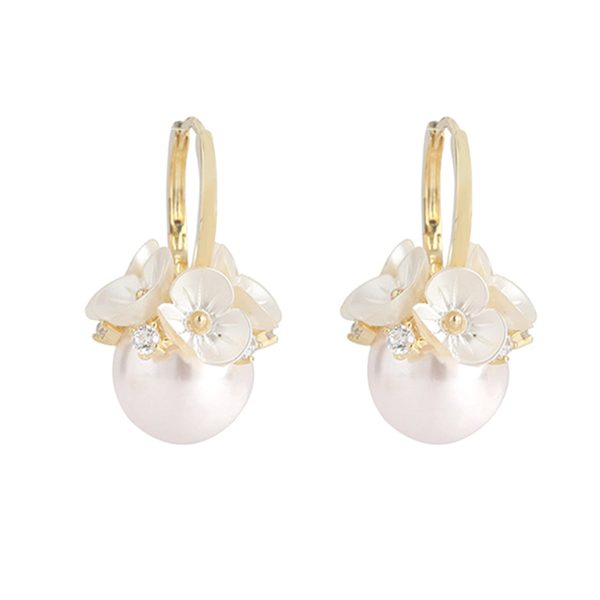 Pearl & Cubic Zirconia Flower Huggie Earrings Online now