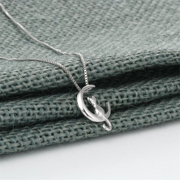 Sterling Silver Moon & Cat Pendant Necklace For Cheap