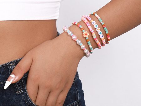 Light Pink Stripe Howlite  Happy  Beaded Stretch Bracelet Set Cheap