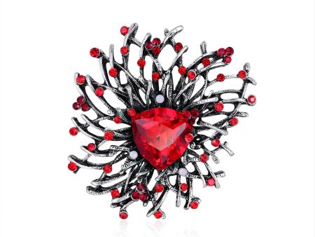 Red Cubic Zirconia & Silver-Plated Flower Brooch For Cheap