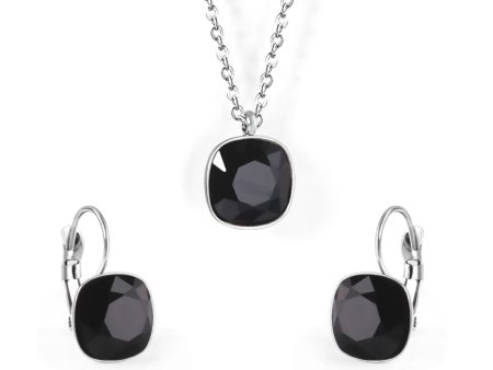 Black Crystal & Silver-Plated Square Pendant Necklace & Huggie Earrings Online