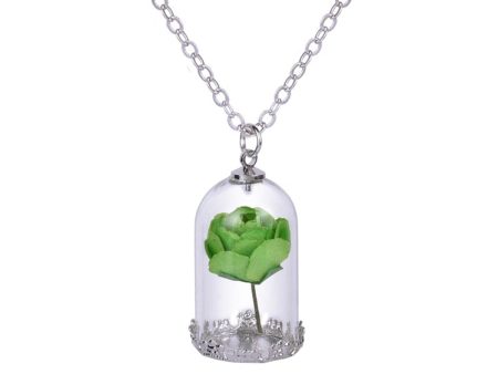 Silver-Plated & Green Velvet Rose Pendant Necklace Fashion