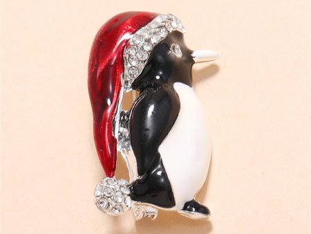 White Cubic Zirconia & Red Enamel Santa Penguin Brooch Cheap