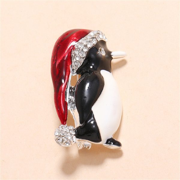 White Cubic Zirconia & Red Enamel Santa Penguin Brooch Cheap