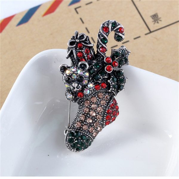 Red Cubic Zirconia & Silver-Plated Christmas Gift Box Stocking Brooch Online Hot Sale