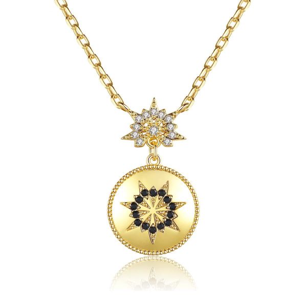 Black Cubic Zirconia & 18K Gold-Plated Floral Round Pendant Necklace Fashion