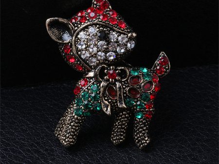 Red Cubic Zirconia & Silver-Plated Reindeer Brooch Supply