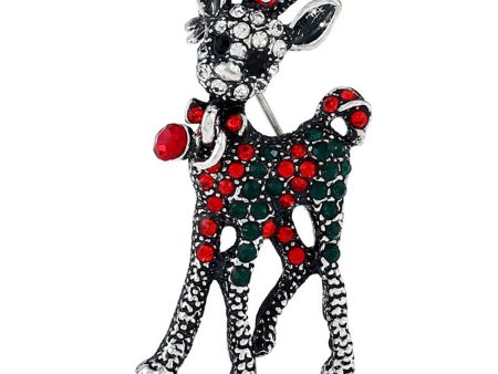 Red & Green Cubic Zirconia Silver-Plated Reindeer Brooch Online Sale