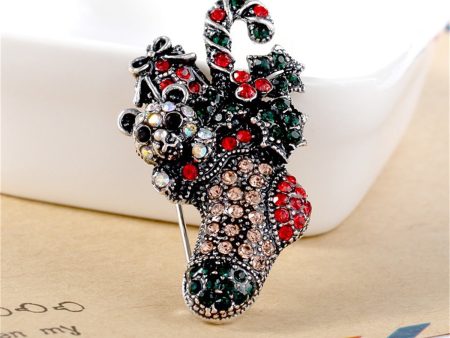 Red Cubic Zirconia & Silver-Plated Christmas Gift Box Stocking Brooch Online Hot Sale