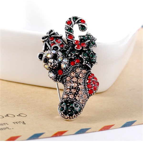 Red Cubic Zirconia & Silver-Plated Christmas Gift Box Stocking Brooch Online Hot Sale