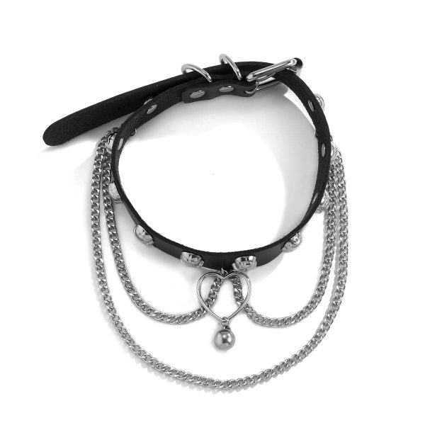 Black Leather & Silver-Plated Skull Station Heart Chain Choker For Cheap