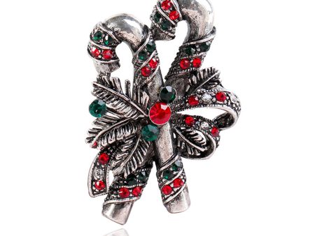 Red Cubic Zirconia & Silver-Plated Double Candy Cane Brooch on Sale