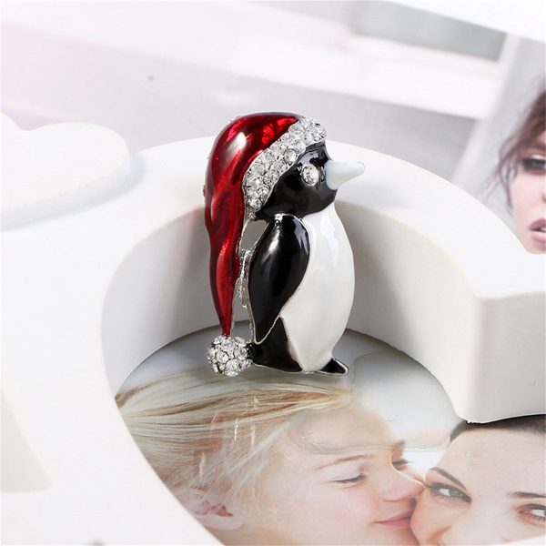 White Cubic Zirconia & Red Enamel Santa Penguin Brooch Cheap