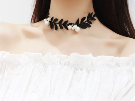 Black Lace & Pearl Leaf Choker Necklace Sale