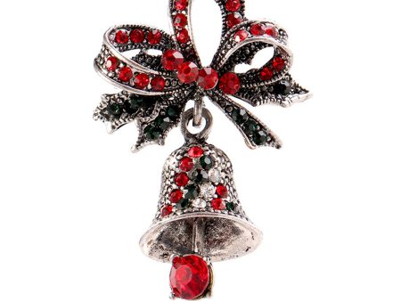 Red Cubic Zirconia & Silver-Plated Christmas Bow Bell Brooch Supply