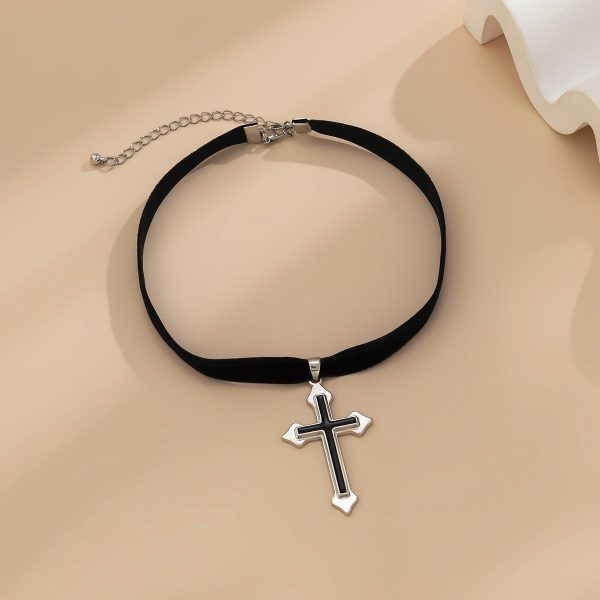 Black Enamel & Silver-Plated Cross Pendant Choker Necklace Online