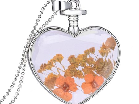 Yellow Pressed Peach Blossom & Silver-Plated Heart Pendant Necklace Online Sale