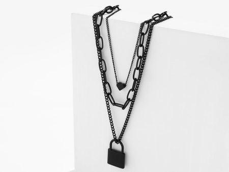 Black Heart & Lock Layered Pendant Necklace Fashion