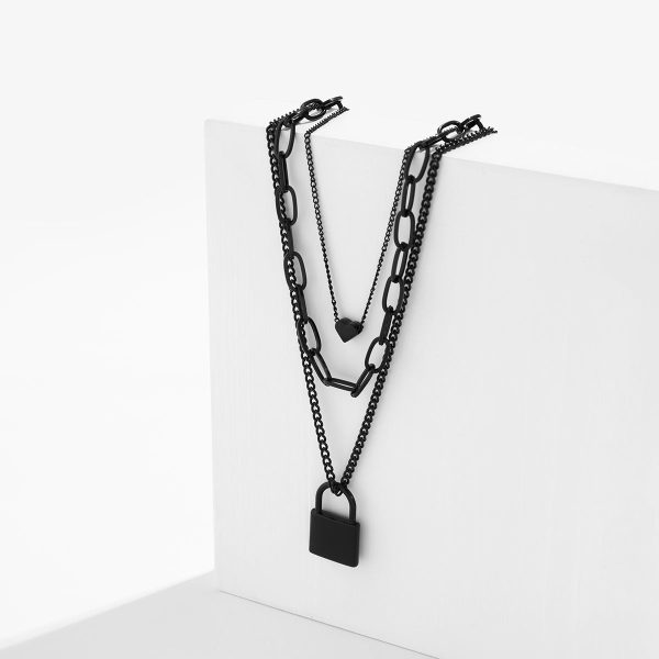 Black Heart & Lock Layered Pendant Necklace Fashion