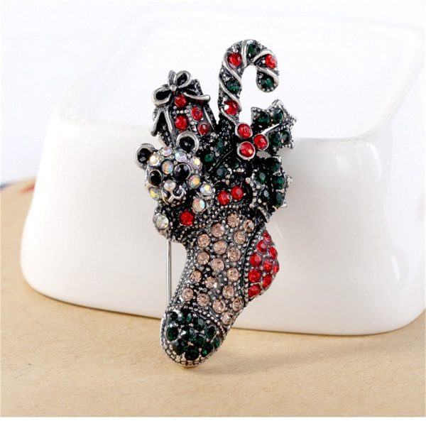 Red Cubic Zirconia & Silver-Plated Christmas Gift Box Stocking Brooch Online Hot Sale