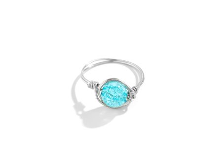 Sky Blue Acrylic & Silver-Plated Wire-Wrapped Ball Ring Fashion