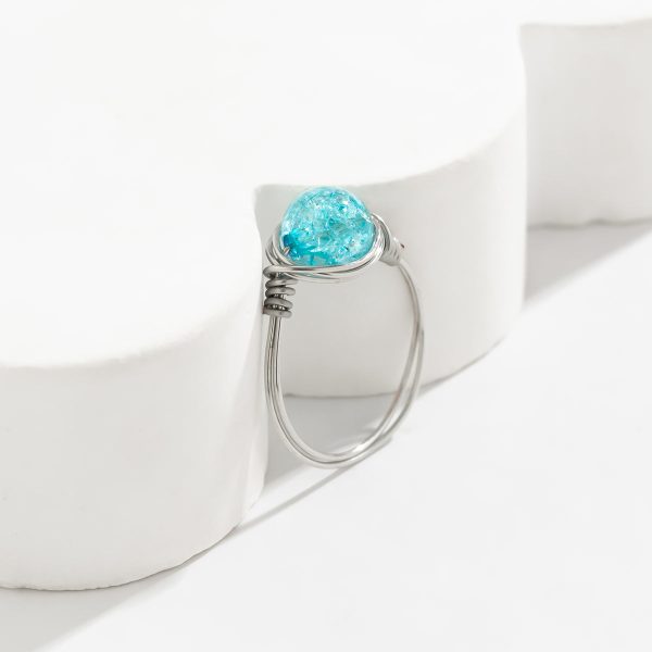 Sky Blue Acrylic & Silver-Plated Wire-Wrapped Ball Ring Fashion