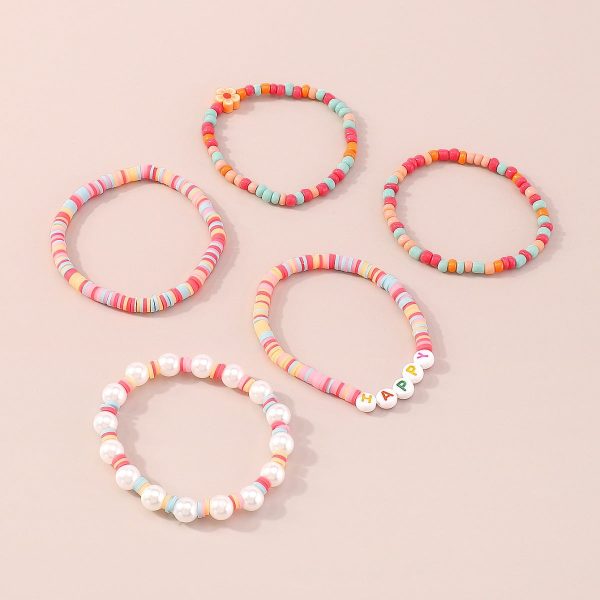 Light Pink Stripe Howlite  Happy  Beaded Stretch Bracelet Set Cheap